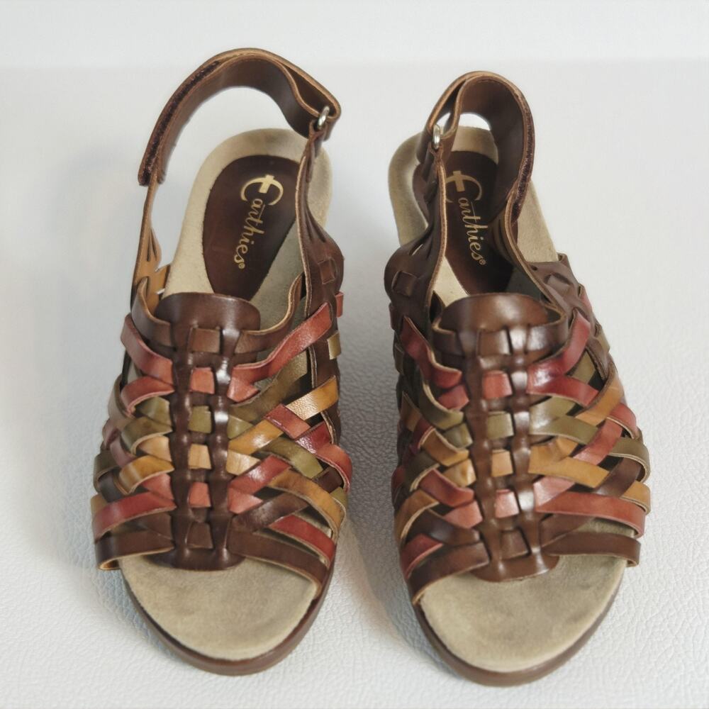 Earthies Sandals Womens 7.5 Brow Multicolor Leather Petra Strappy Low Wedge